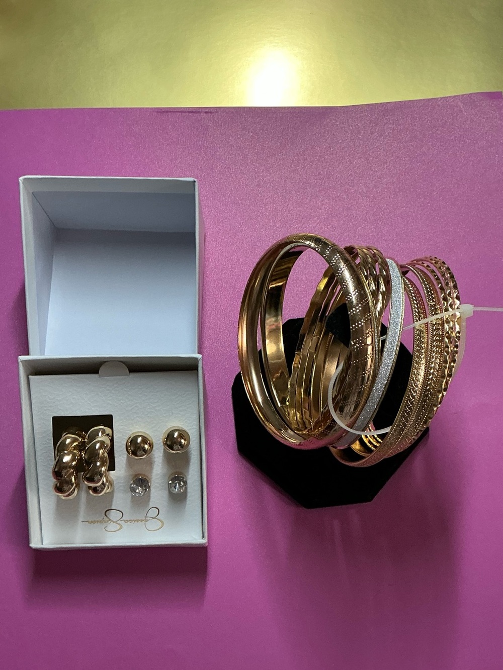 Gold Tone Women's Bangle Bracelet Set and Earring Trio